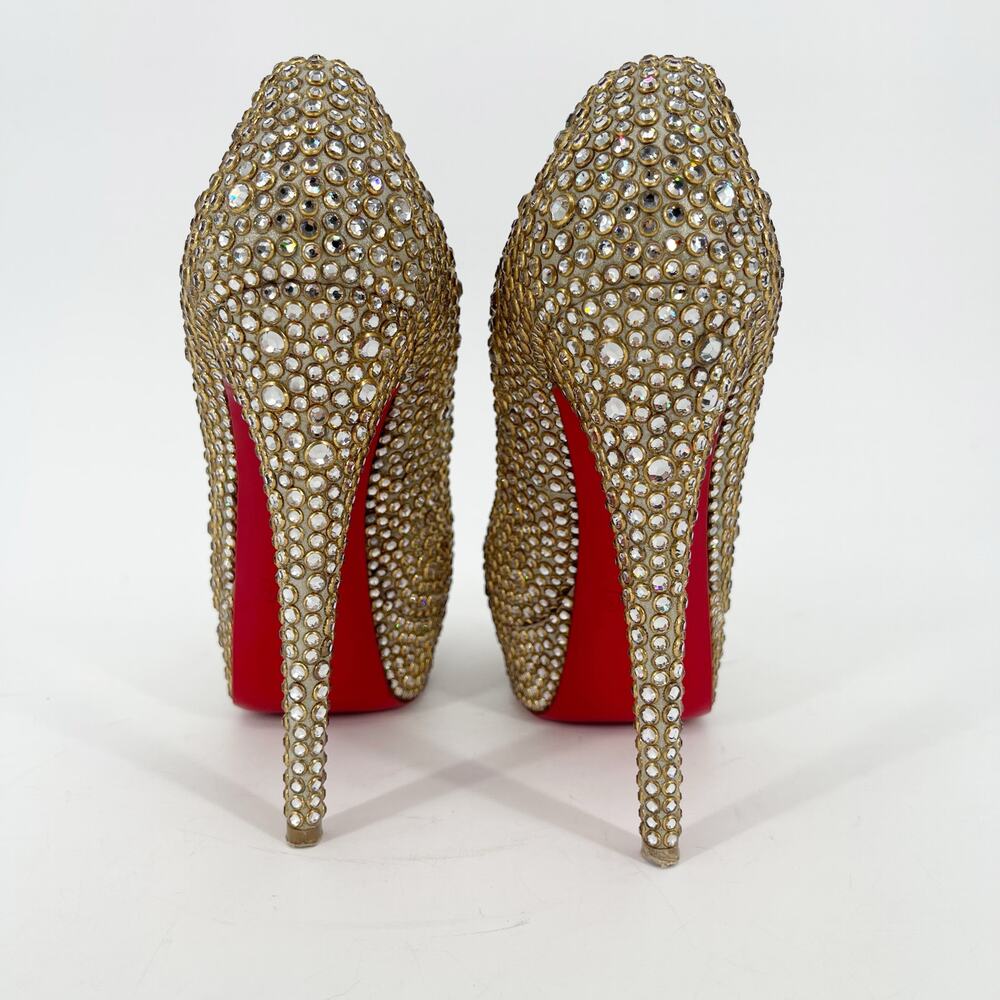 Christian Louboutin Gold Lady Peep 150 Ring Strass Platform Peep Toe Heels EU 37 - Picture 9 of 12